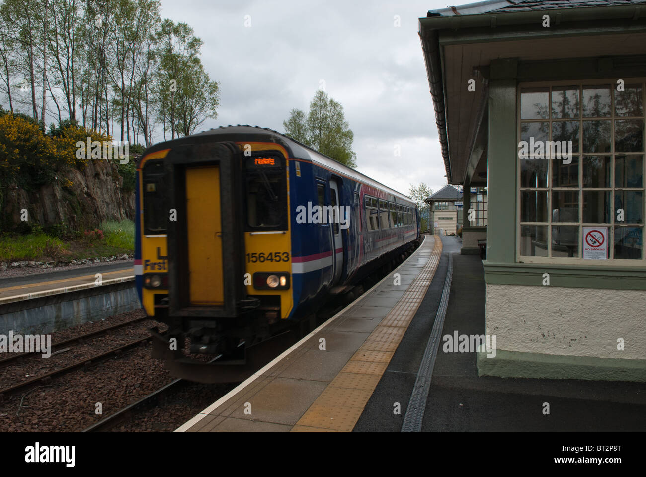 Glenfinnan Station in the famous and beautiful village of Glenfinnan on the Road to the Isles between Fort William and Mallaig Stock Photo