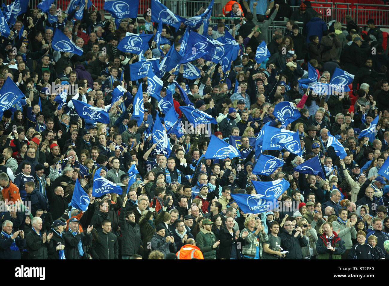 Leinster supporters celebrate the victory during the Heineken Cup Rugby match Saracens v Leinster at Wembley Stadium in London. Stock Photo