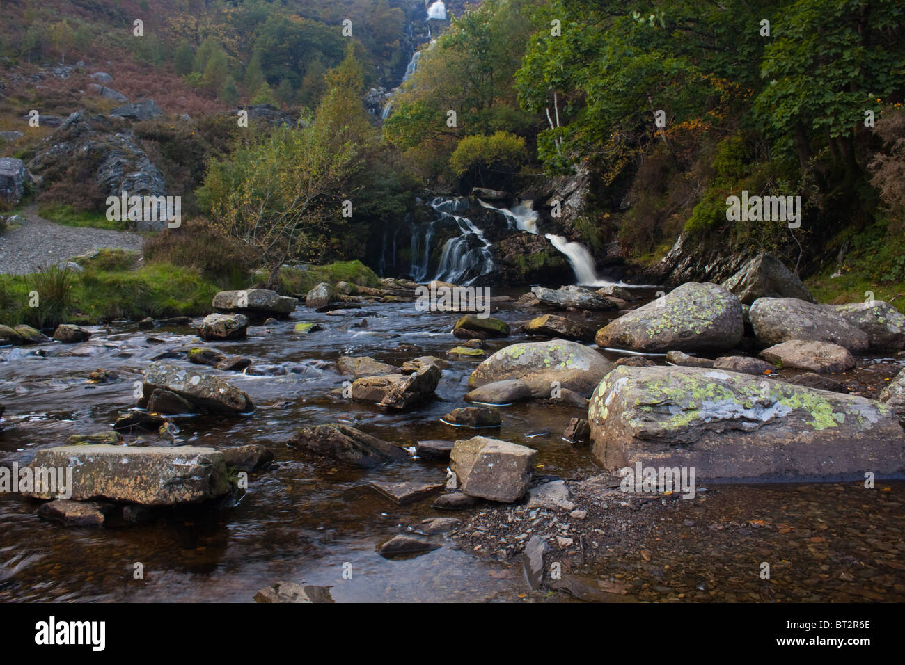 Small waterfall on a stream at Lake Vyrnwy in Powys, Wales Stock Photo