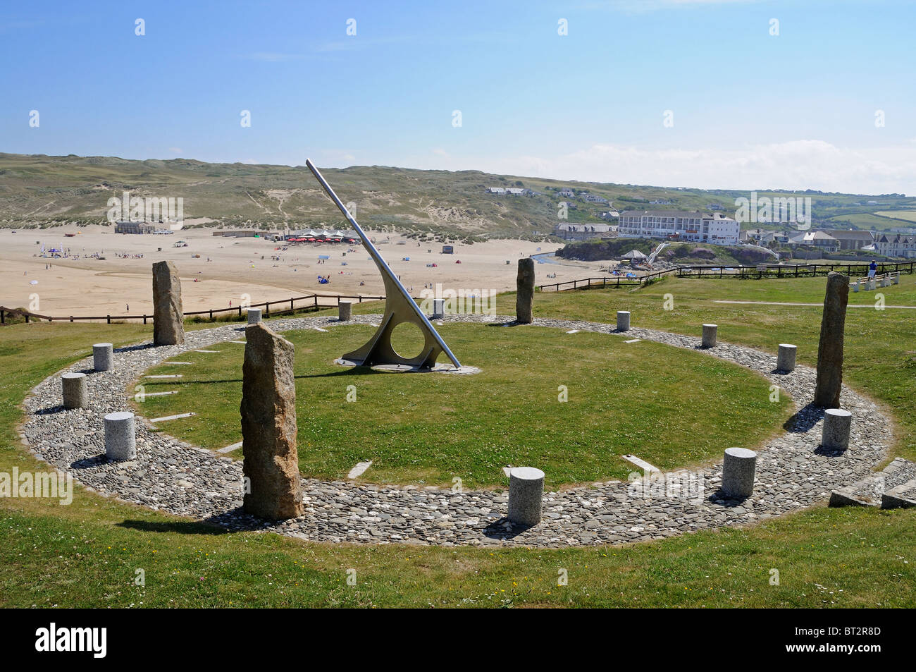 The " Millenium Sun Dial " overlooks the beach at Perranporth in Cornwall, UK Stock Photo