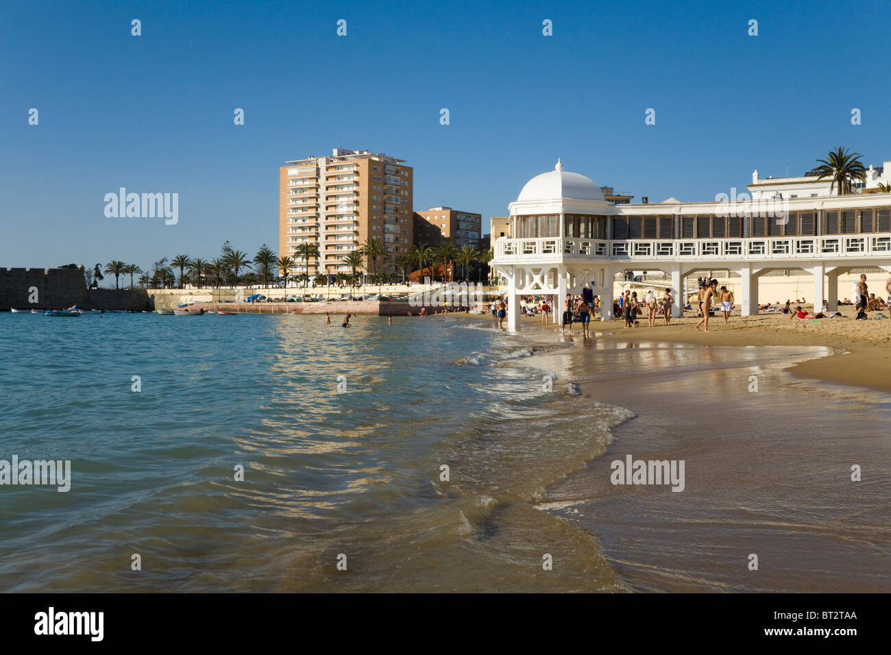 The shore, coastline. and sandy Spanish beach at Cadiz. Spain. Stock Photo