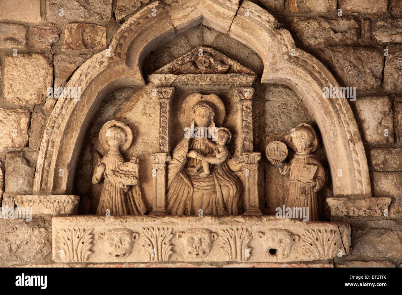 Montenegro, Kotor, Sea Gate, Madonna and Child relief, Stock Photo