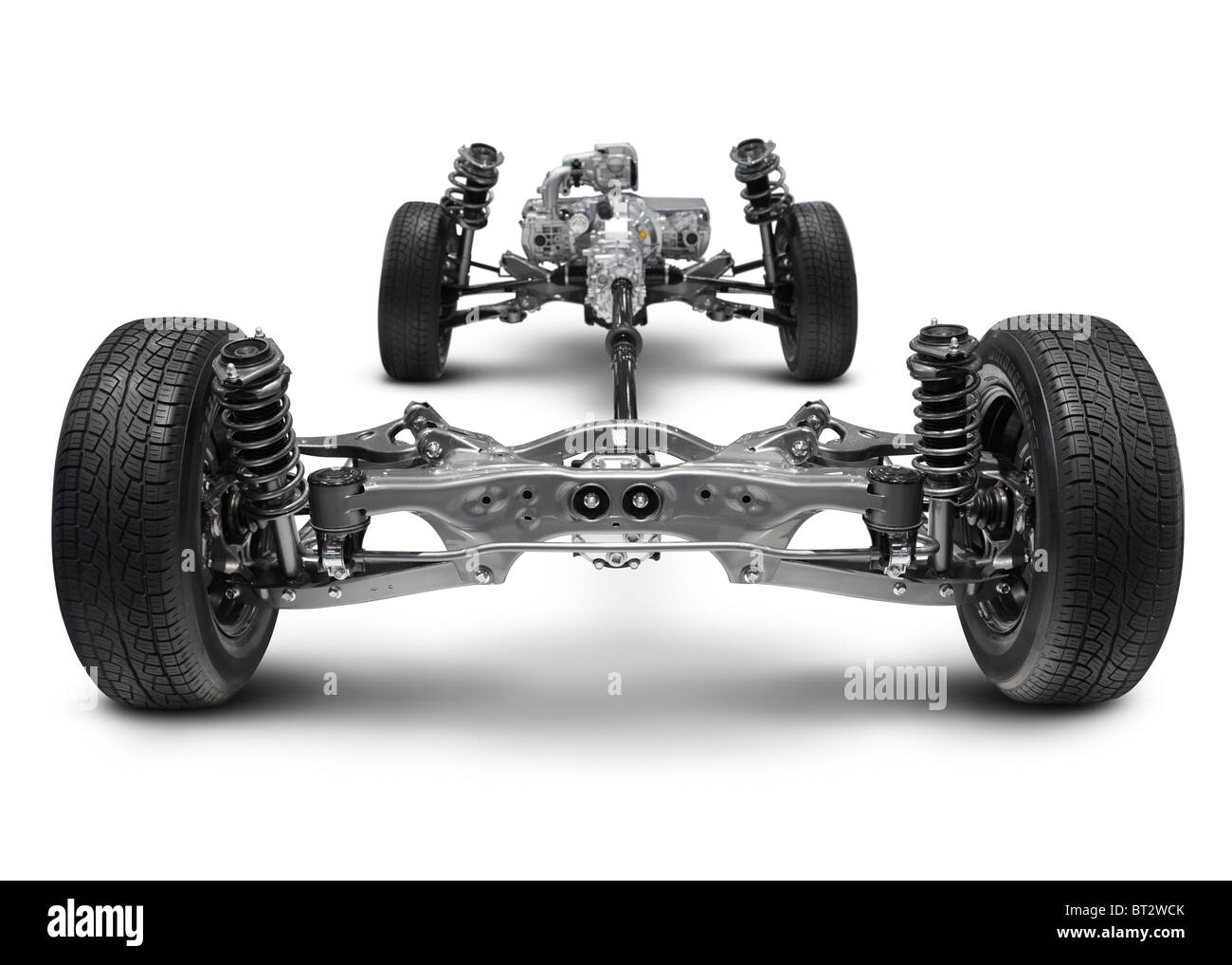 License available at MaximImages.com - Subaru symmetrical All-wheel Drive AWD suspension system. Isolated with clipping path on white background. Stock Photo