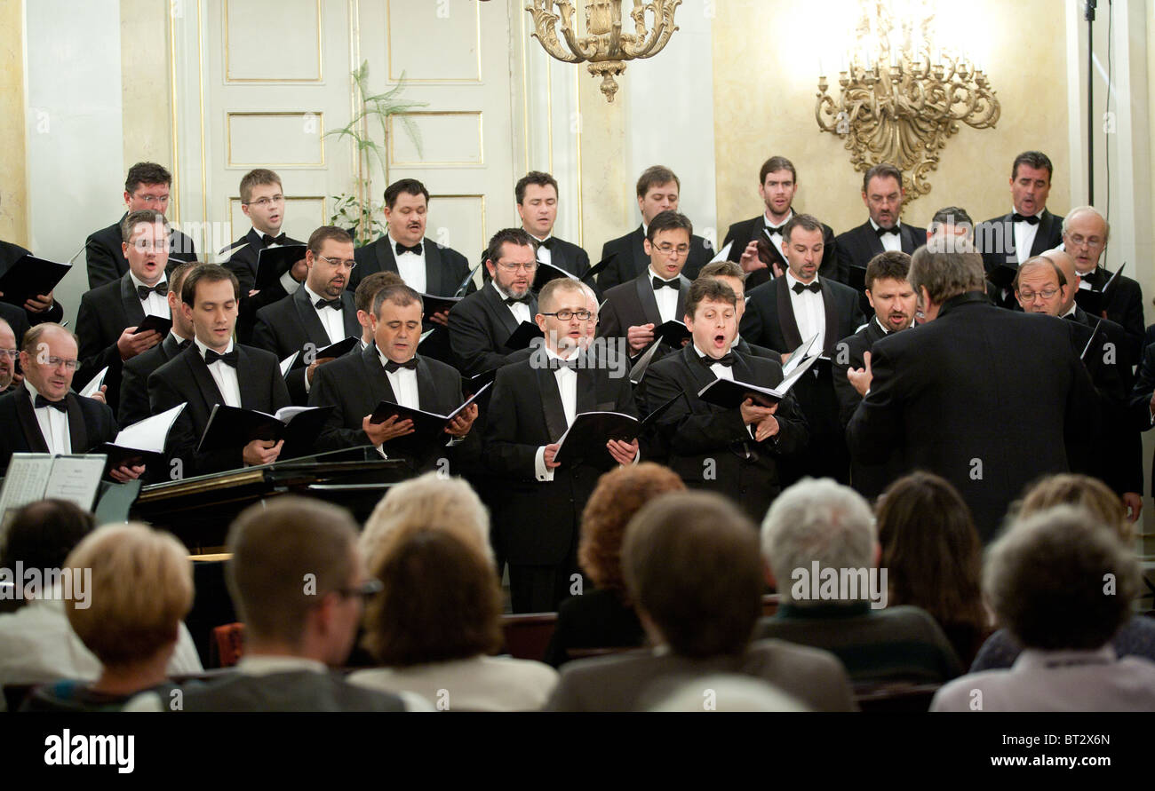Members of the Honved Ferfikar perform on stage at Karolyi Palace, Conductor: Kalman Strausz on September 10, 2010 in Budapest, Stock Photo
