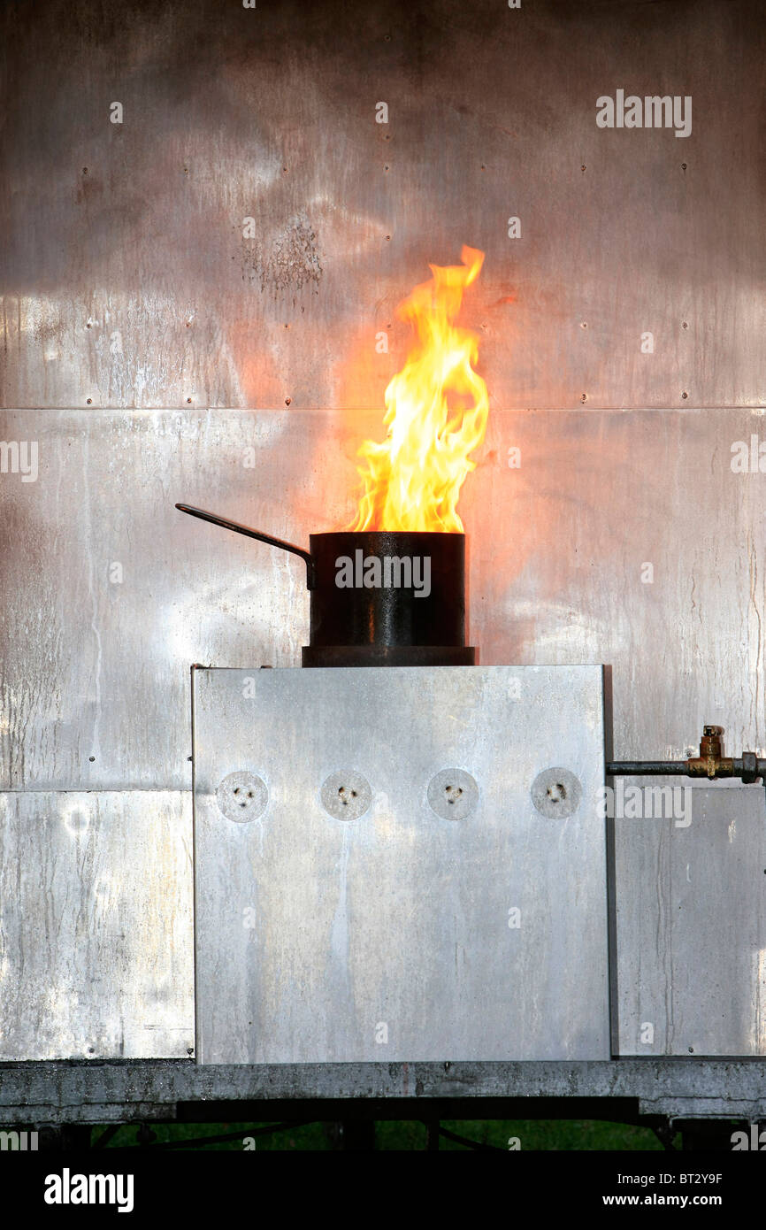 A simulated Chip (fries) pan fire with burning oil on a gas stove Stock