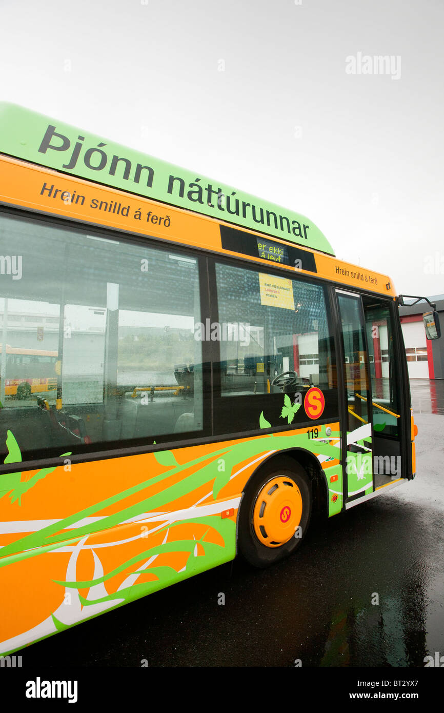 A bus in Reykjavik, Iceland that is powered by methane, produced from human waste. Stock Photo