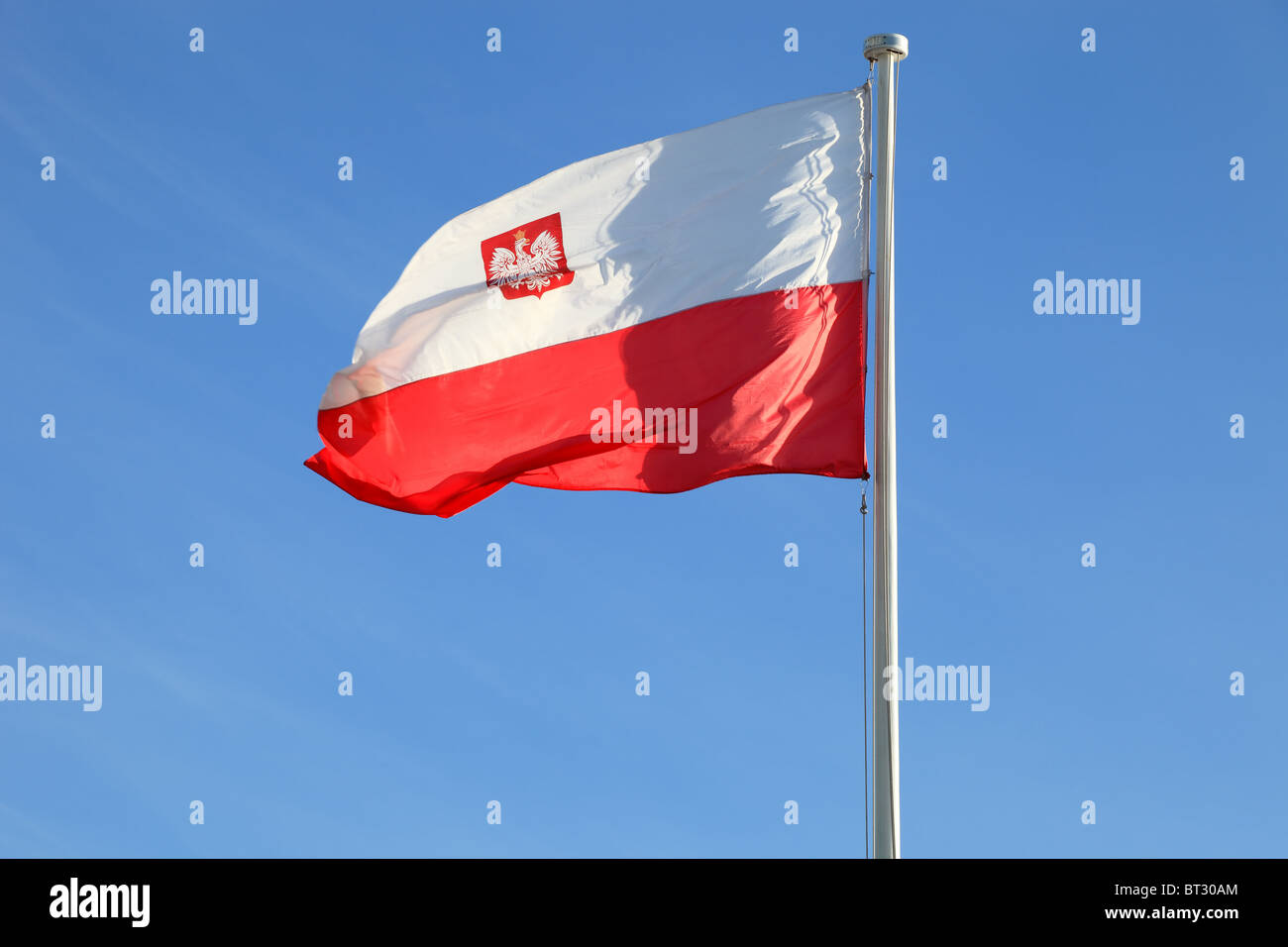 Polish national flag in the sky. Stock Photo