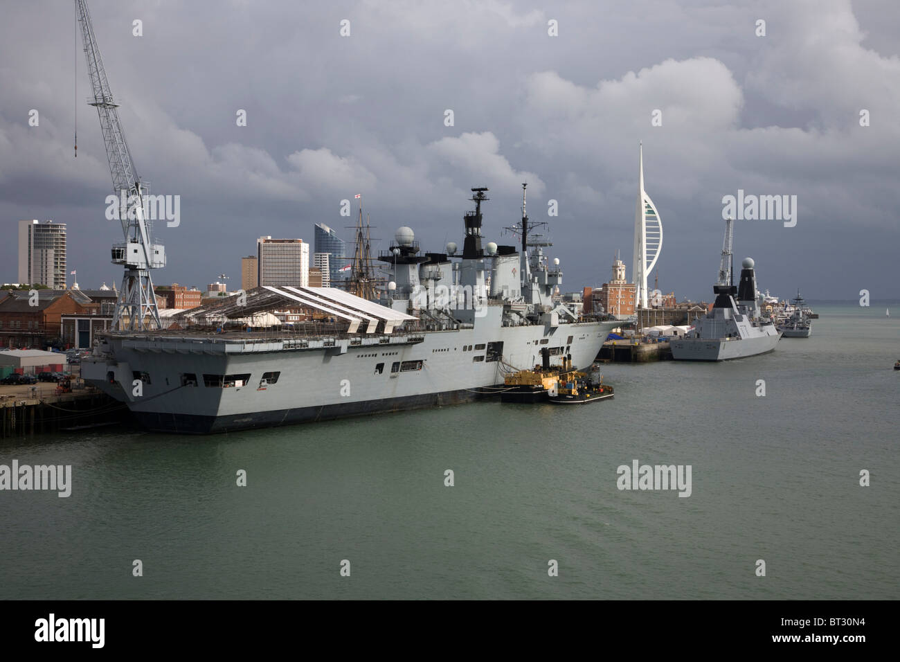 HMS Illustrious in Portsmouth Hampshire. Invincible-class light aircraft carrier / Through deck cruiser  Stock Photo