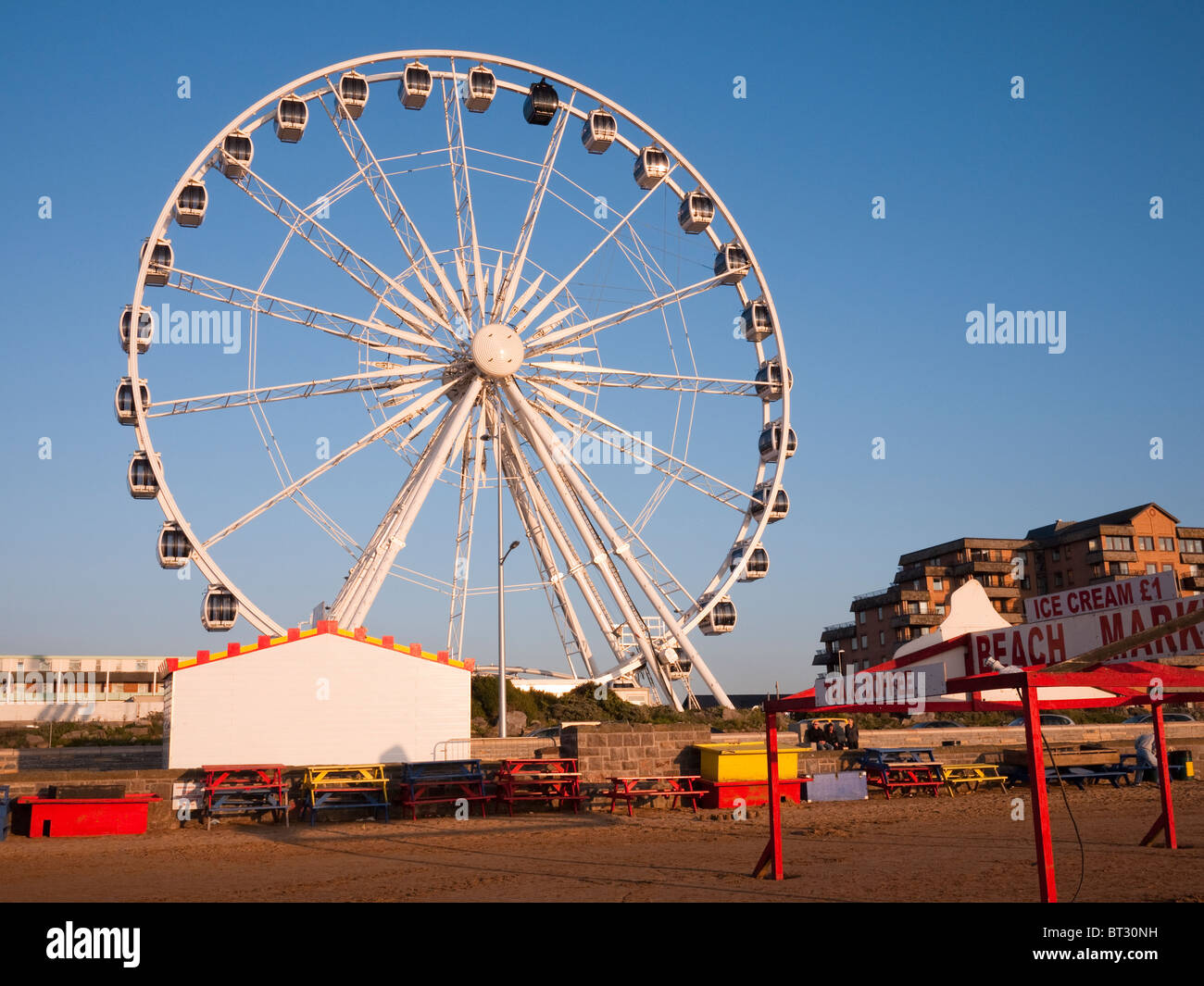 The Wheel of Weston on the seafront of Weston-super-Mare at sunset, North Somerset, England. Stock Photo