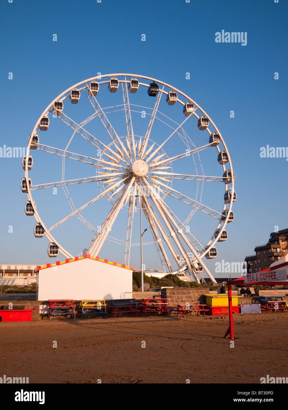 The Wheel of Weston on the seafront of Weston-super-Mare at sunset, North Somerset, England. Stock Photo