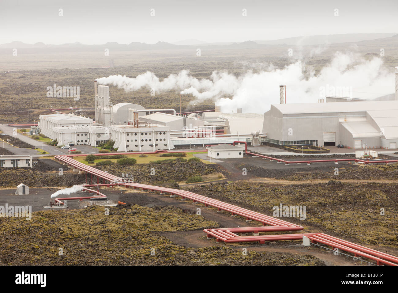 Capturing geothermal steam from boreholes to power the Svartsengi geothermal power station in Keflavik near Reykjavik in Iceland Stock Photo