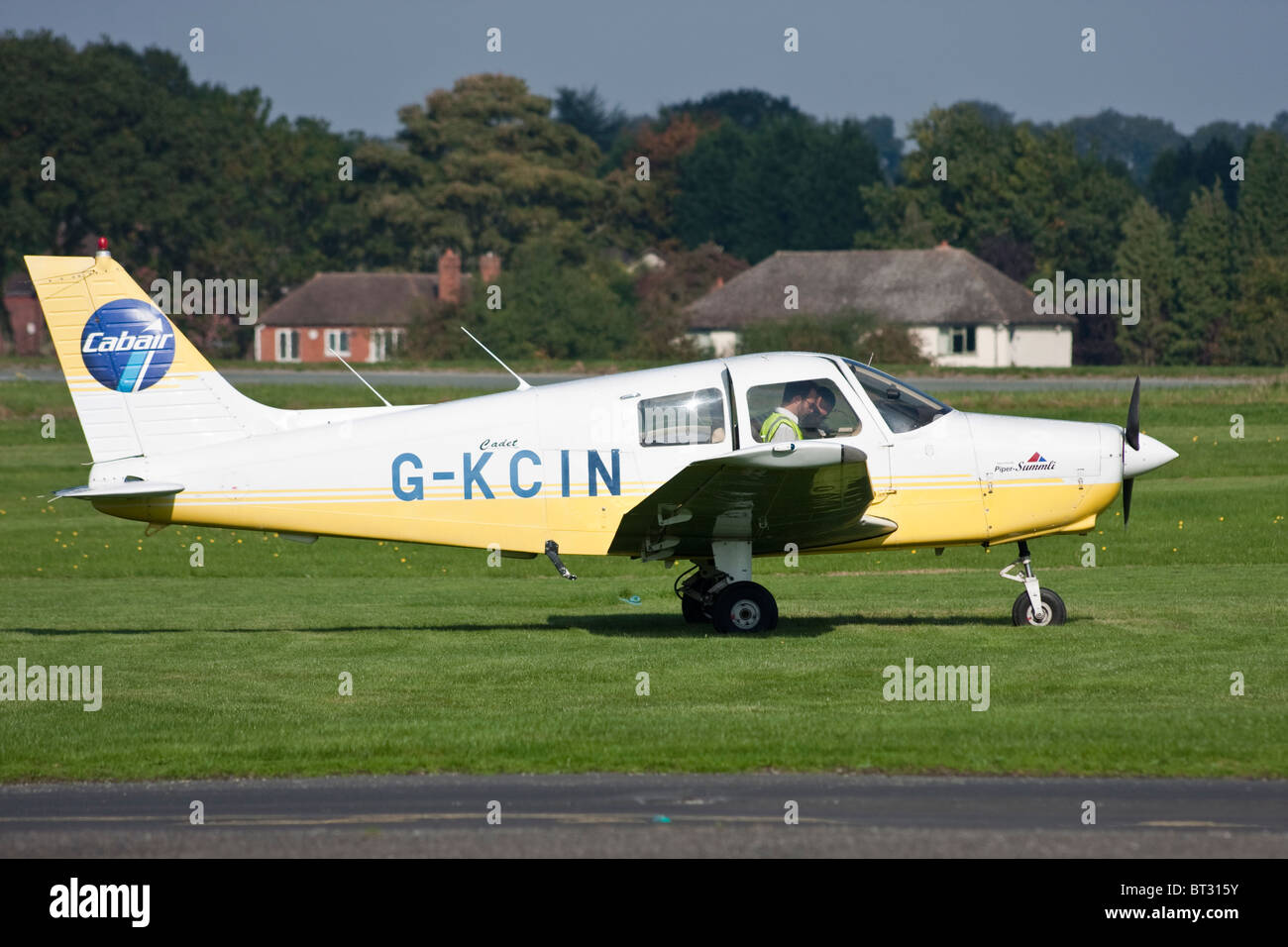 Small single engined aircraft getting ready for take off Stock Photo