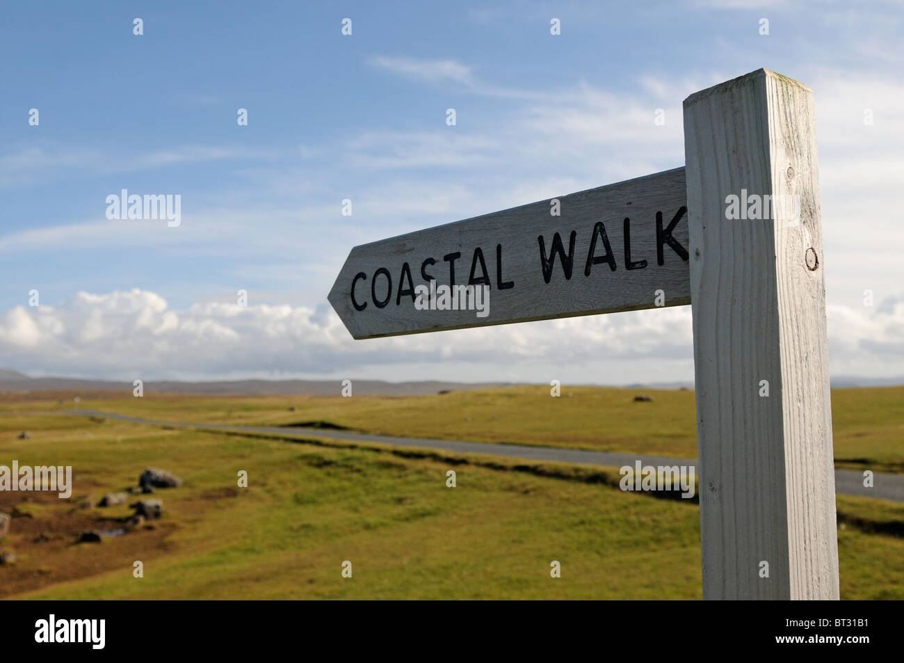 Coastal Walk sign for the cliff walk around Eshaness Shetland Stock Photo