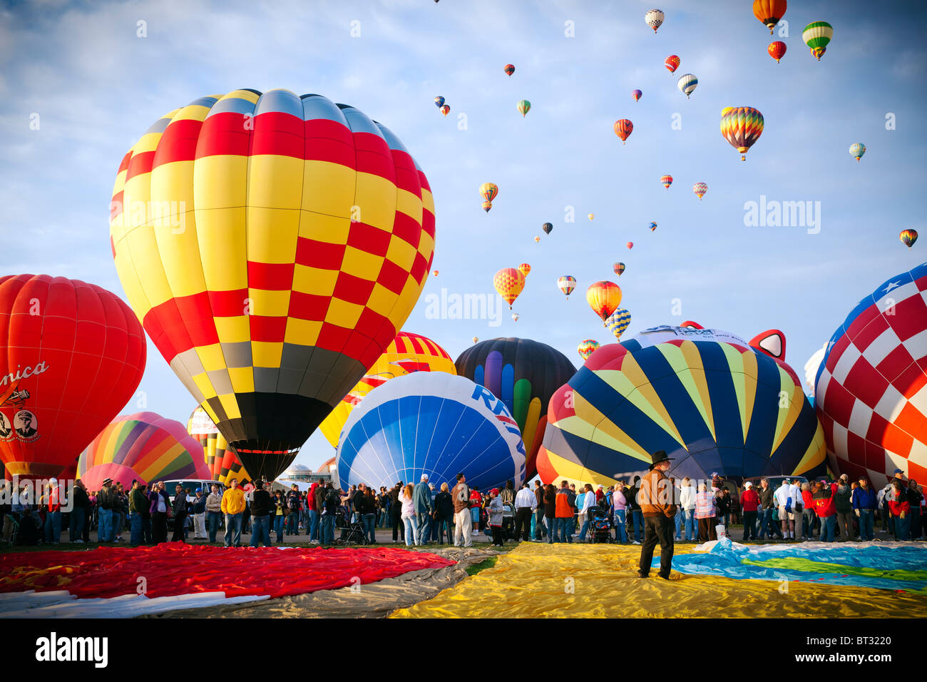 Many hot air balloons at the Albuquerque International Balloon Fiesta. Stock Photo
