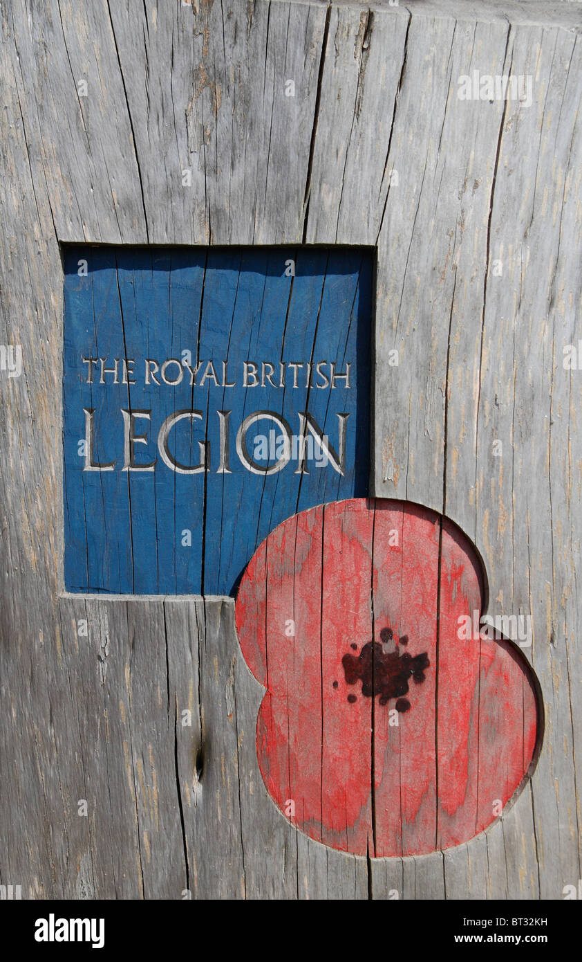 The Royal British Legion poppy logo on the RBL Poppy Field Memorial at the National Memorial Arboretum, Alrewas,UK. Stock Photo