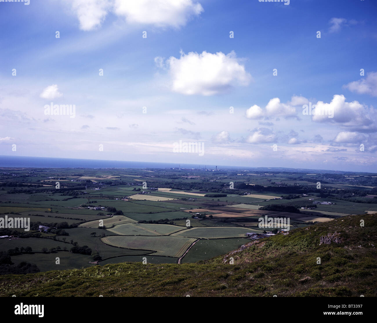 View The Cumbrian Coast from The Summit of Muncaster Fell Eskdale  with Sellafield nuclear power plant in the distance Lake District Cumbria England Stock Photo