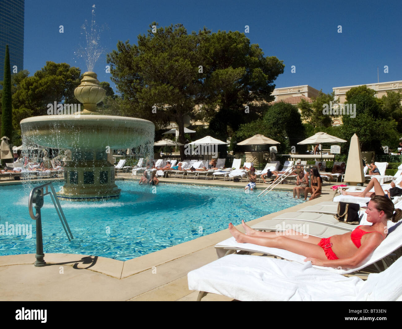 Reflections of the Paris hotel casino in the Bellagio pool, Las Vegas,  Nevada, USA, Stock Photo, Picture And Rights Managed Image. Pic.  ACX-ACP113586