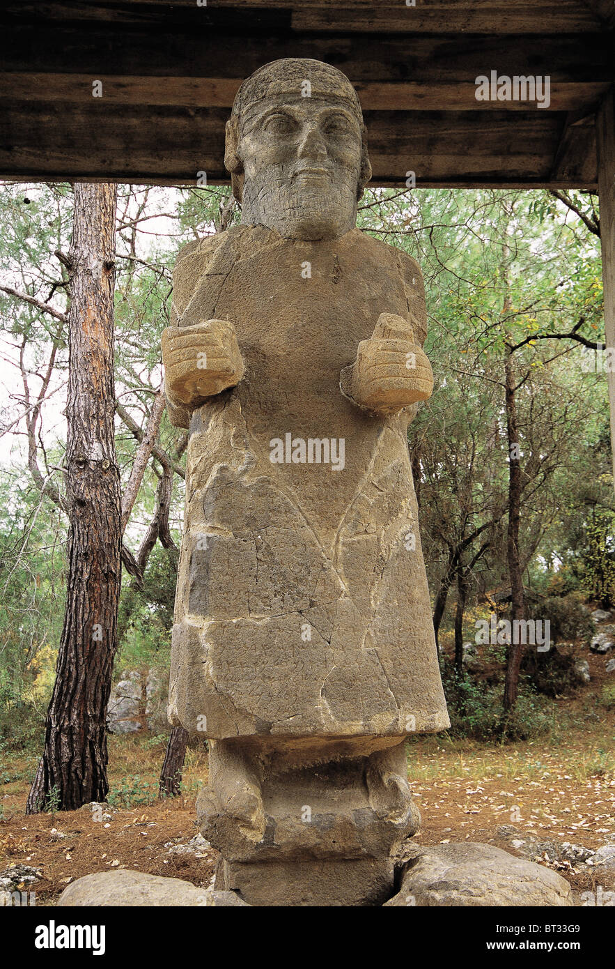 Hittite storm god Baal Krntrys sculpture, Karatepe Aslantas Turkey. Stock Photo