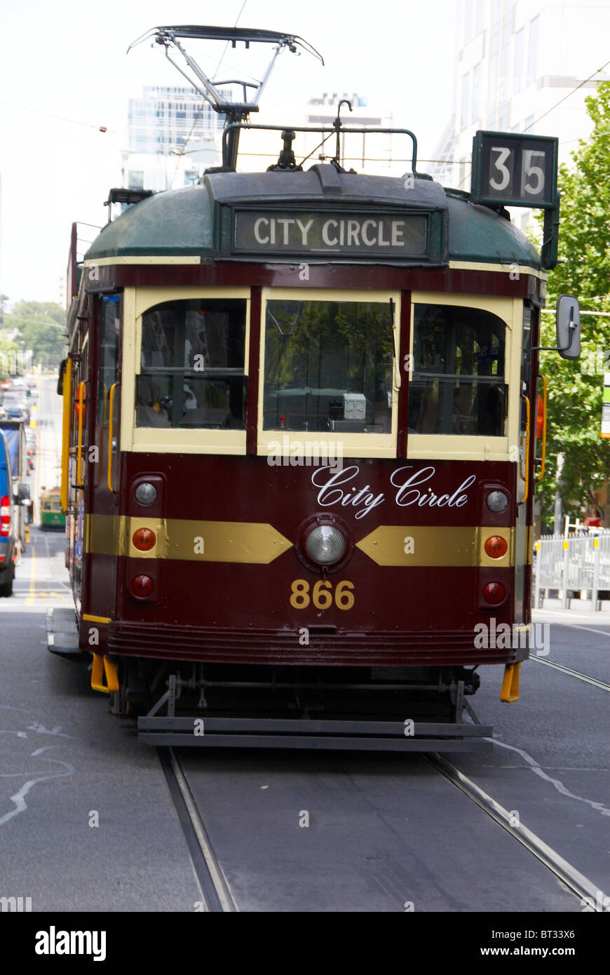 Melbourne tram routes go to or from the city and also feature Melbourne W  class tram on the City Circle line Stock Photo - Alamy