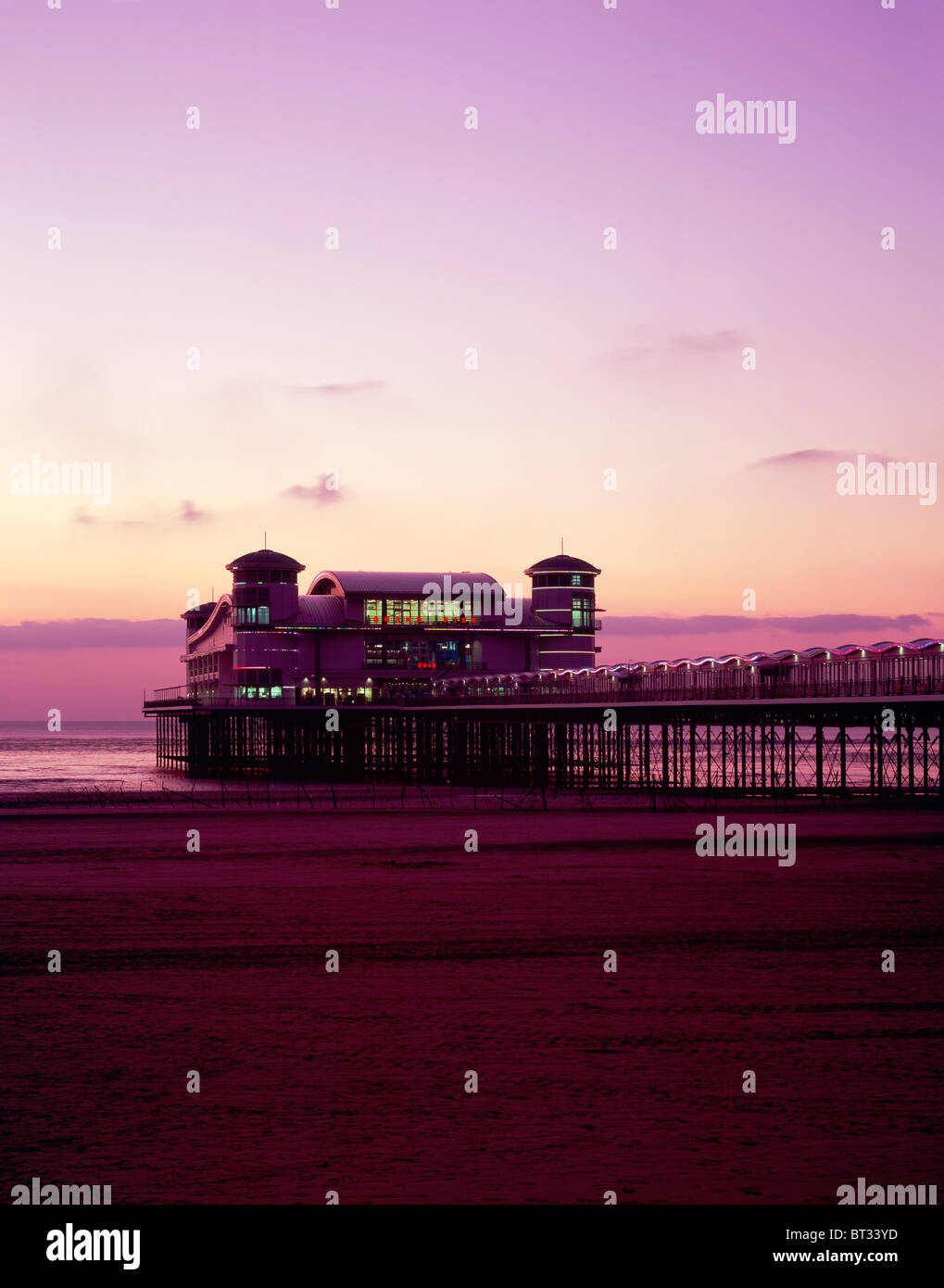 The rebuilt Grand Pier at Weston-super-Mare at dusk. North Somerset, England. Stock Photo