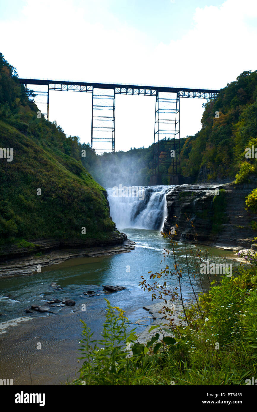 Letchworth State Park Castile New York, upper falls with railway bridge