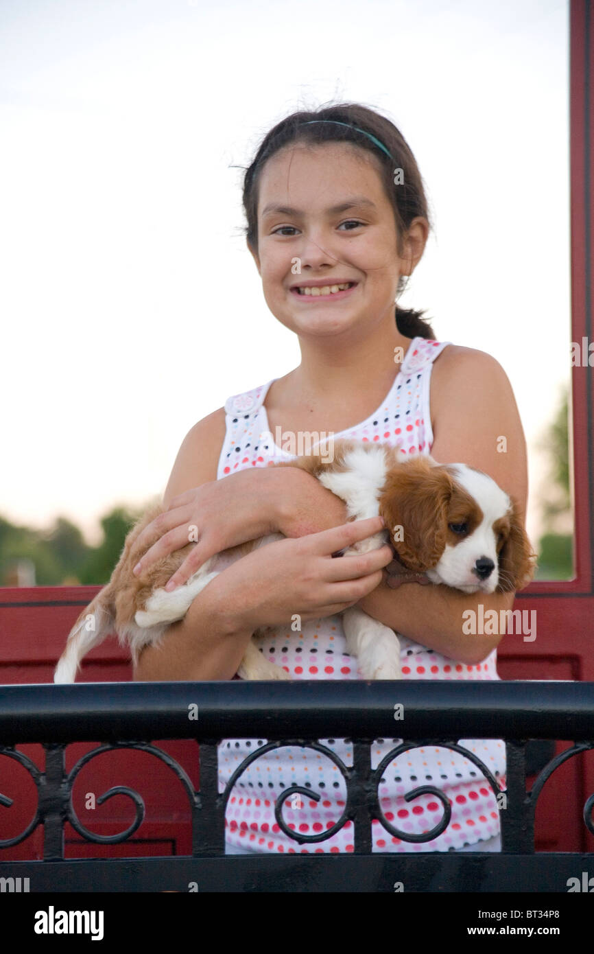 Girl holding a Cavalier King Charles Spaniel puppy dog Stock Photo