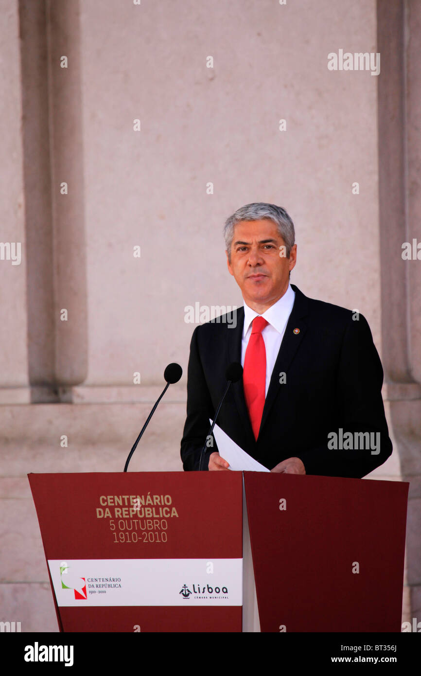 Jose Socrates, the Portuguese Prime Minister, speaks at the nation's centenary celebrations. Stock Photo