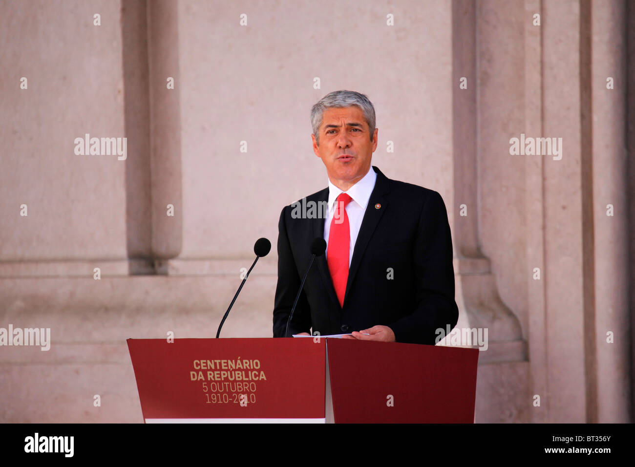 Jose Socrates, the Portuguese Prime Minister, speaks at the nation's centenary celebrations. Stock Photo