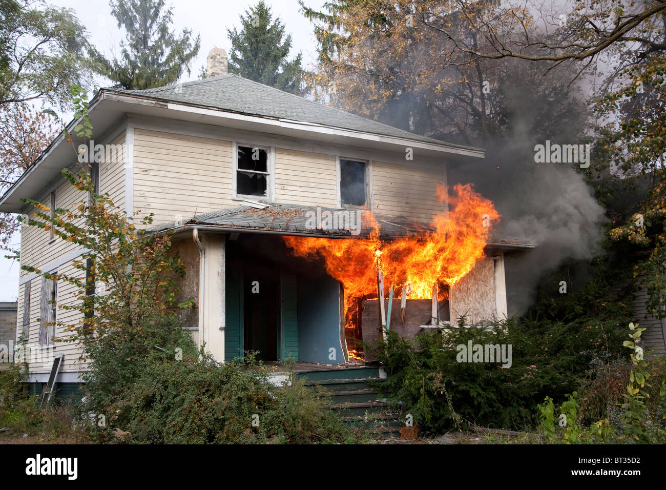 Vacant House on fire Midwest USA Stock Photo