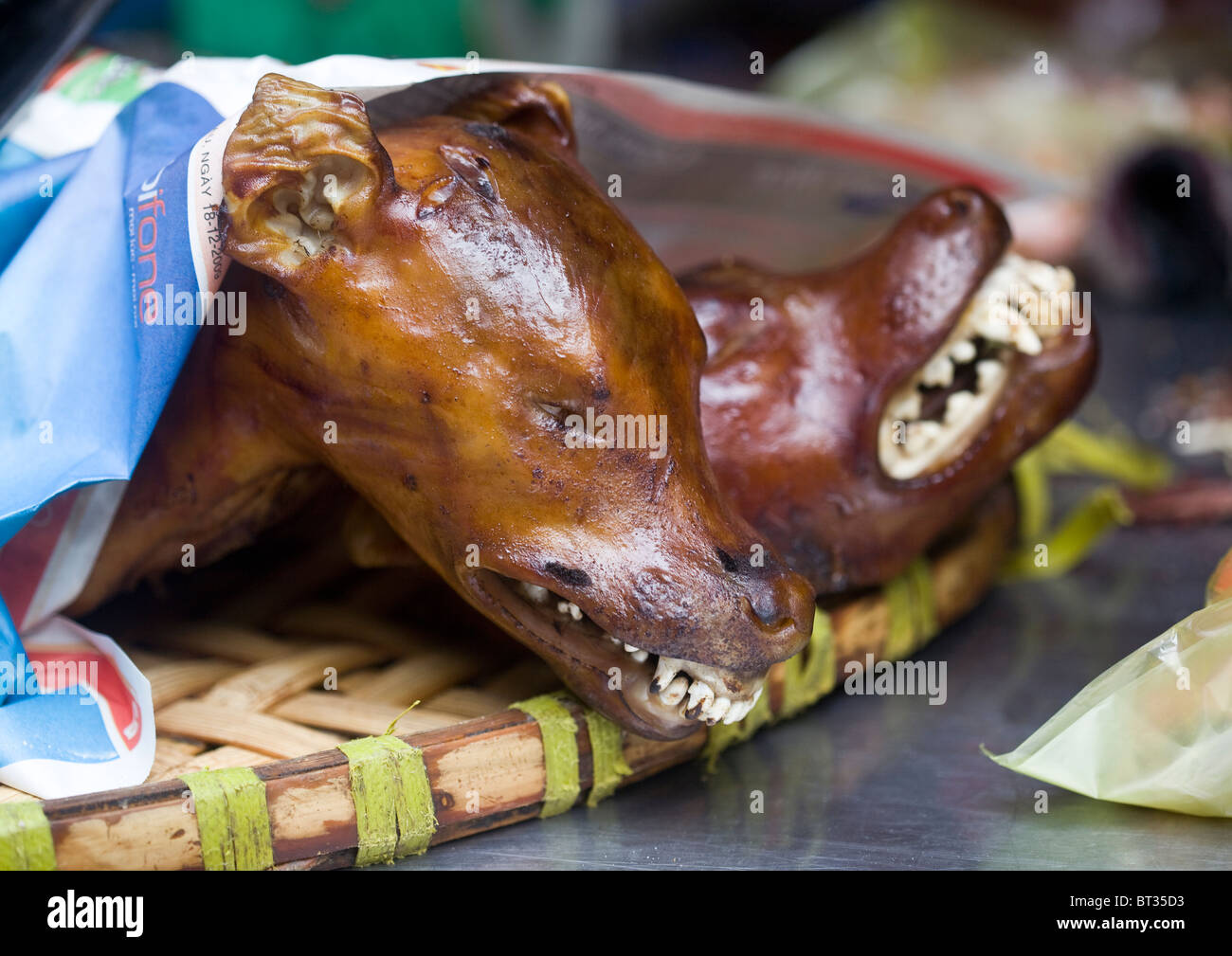 Roast Dog on sale in Hanoi Vietnam - An example of the strange or weird food eaten by people around the world Stock Photo