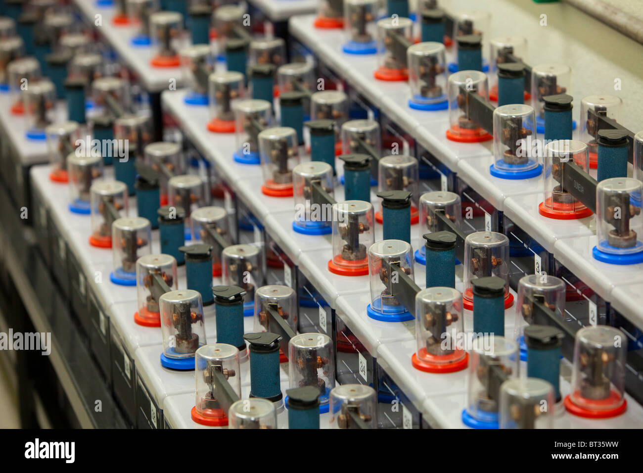A row of backup batteries in Krafla geothermal power station Stock Photo