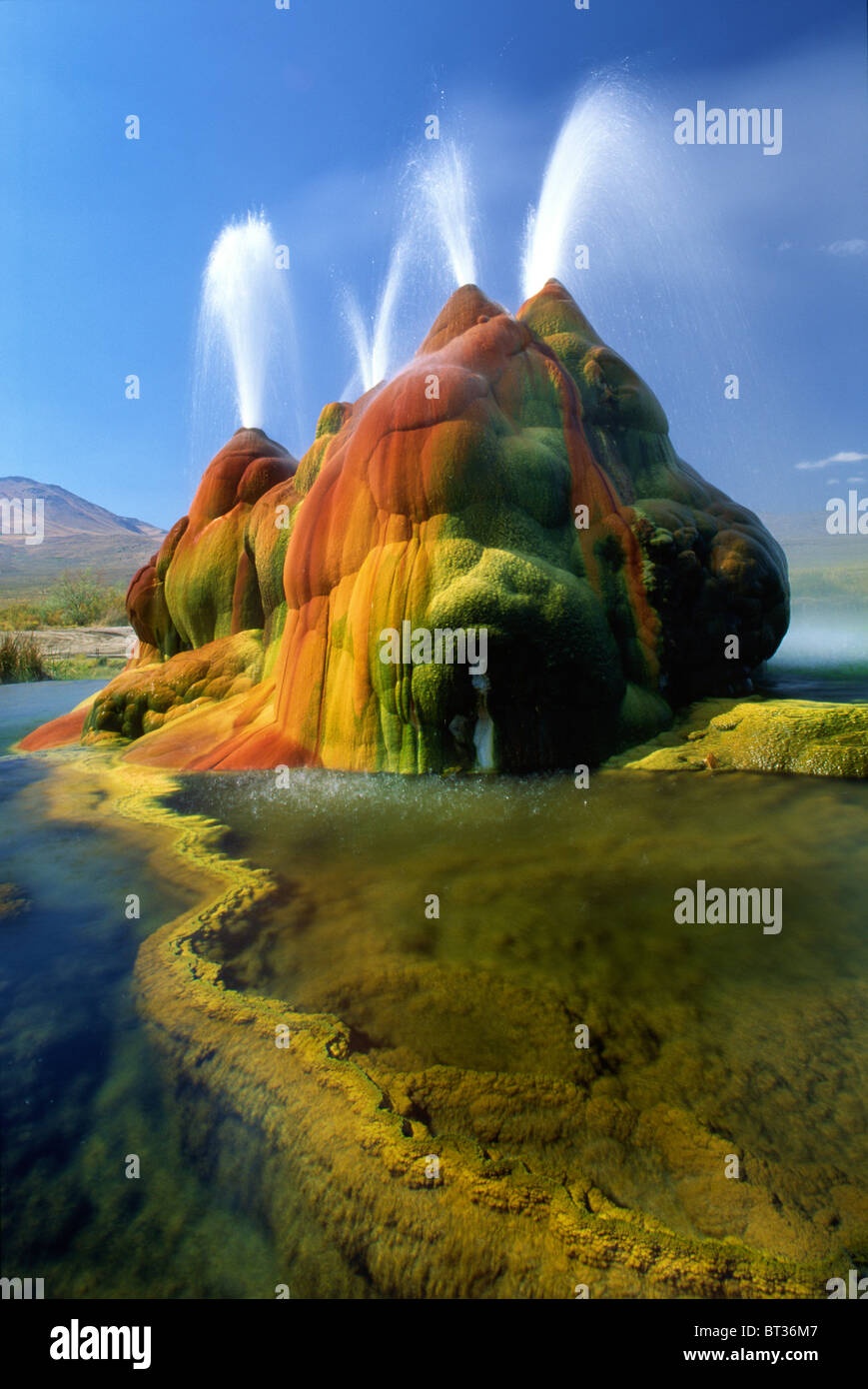 The continuous Fly Geyser in the Black Rock Desert of Nevada, USA Stock Photo