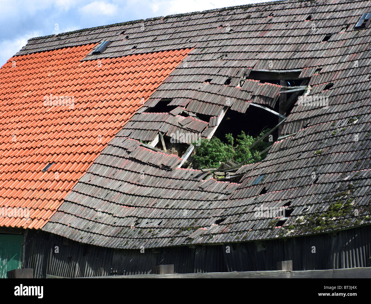 Damaged roof of an old farmhouse in Tespe, Elbmarsch, Germany Stock