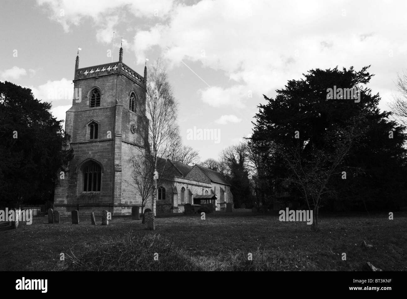 Black and white image of a church in Blewbury, Oxfordshire Stock Photo