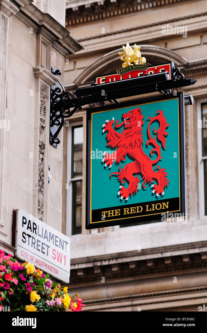 The Red Lion Pub sign, Parliament Street, London, England, UK Stock Photo