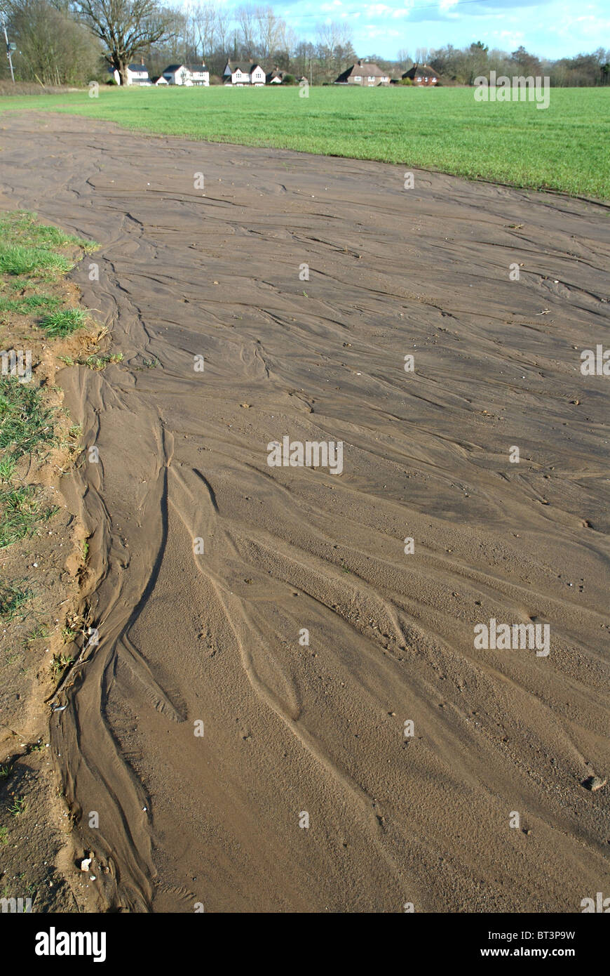 Modern farming methods with intensive irrigation causing soil erosion in Sussex Stock Photo