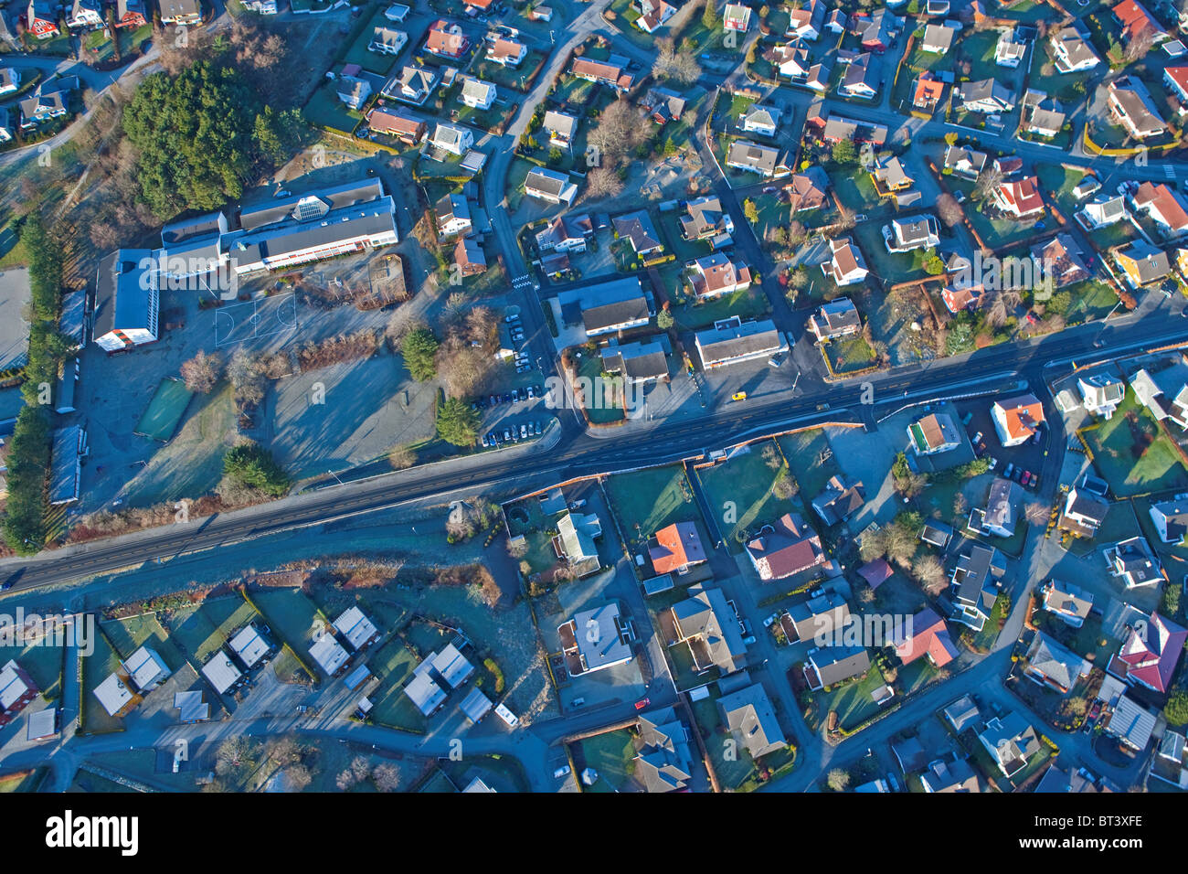 Aerial photo of residential area. Homes, school. Sandnes, Rogaland