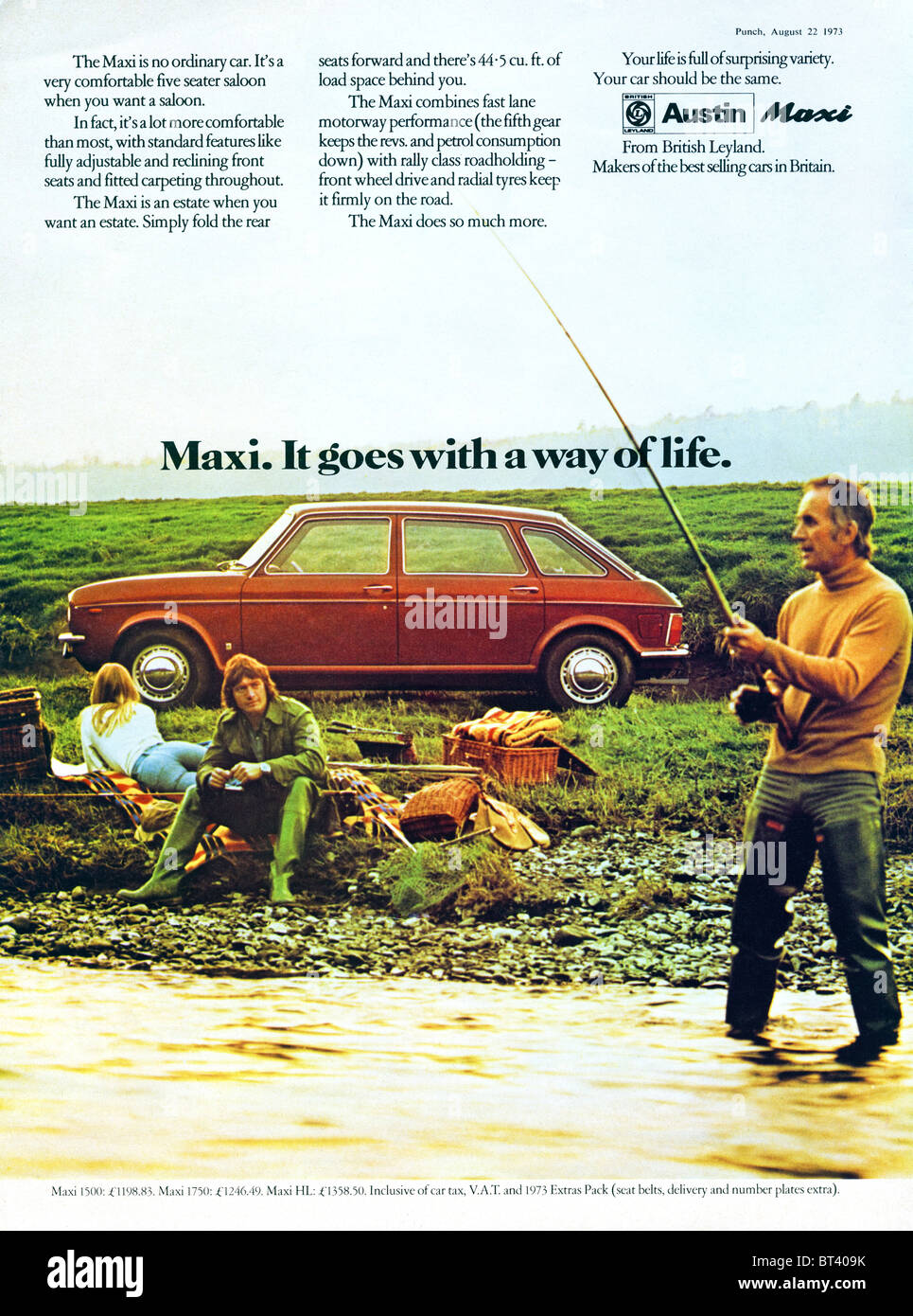 Classic new car advert for Austin Maxi motorcar in magazine dated 22-28 August 1973 Stock Photo
