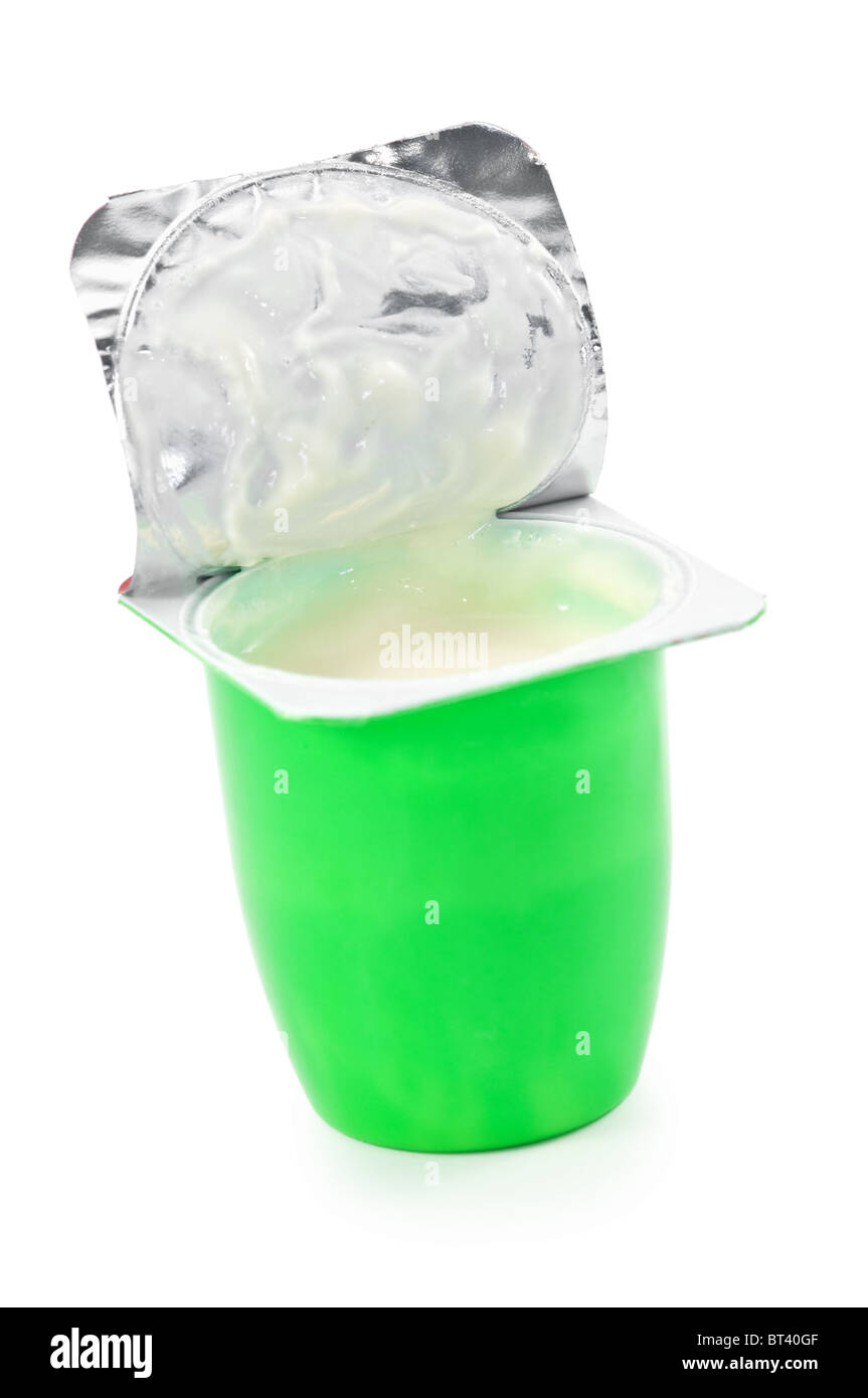 open yogurt isolated on white Stock Photo