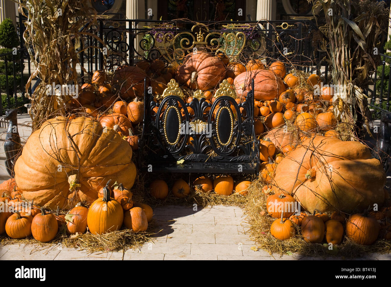 Pumpkin display for October at mansion in Saratoga Springs, New York. Stock Photo