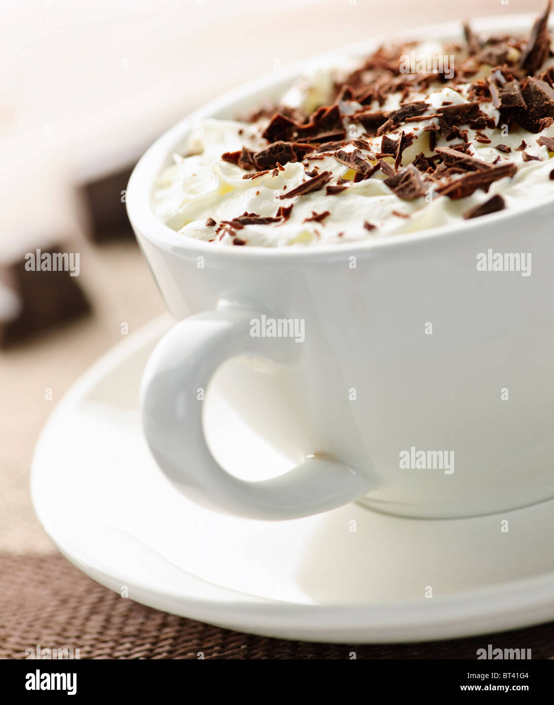 Hot cocoa with shaved chocolate and whipped cream Stock Photo