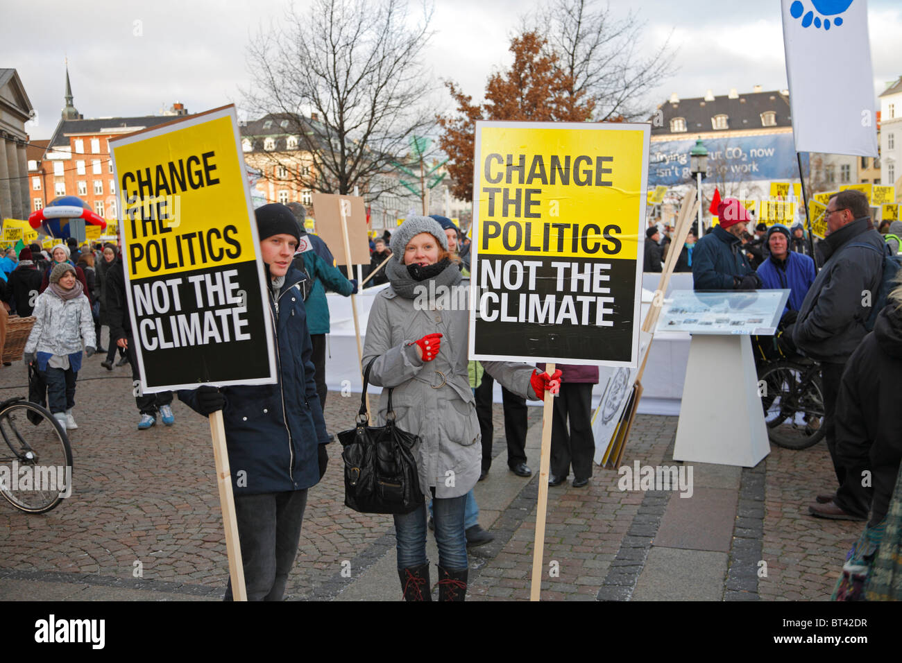 Demonstrators at the large demonstration in front of the Parliament building in Copenhagen at the UN Climate Change Conference, Climate march. Stock Photo