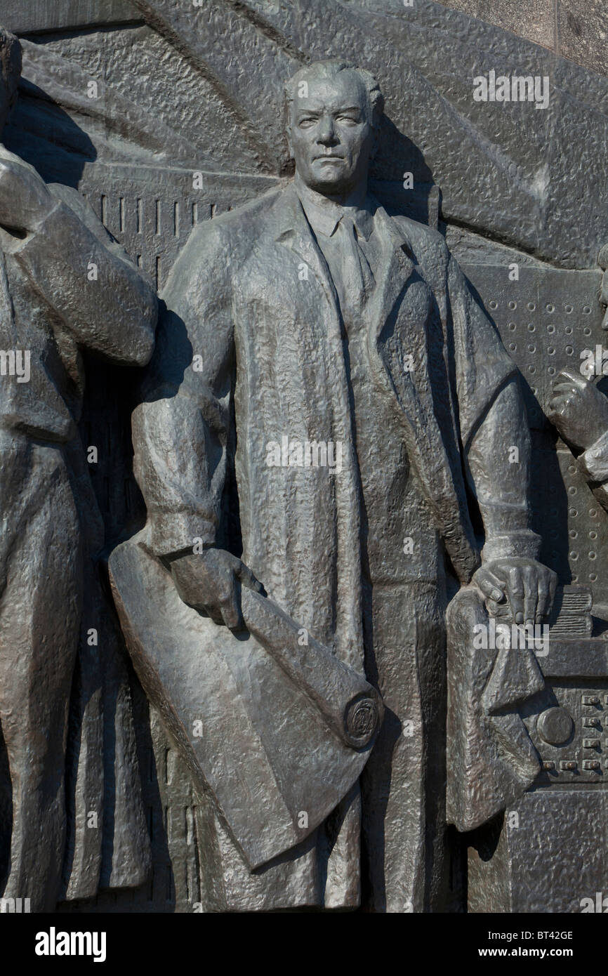 Detail of a relief showing Sergei Pavlovich Korolev (1907-1966) on the Monument to the Conquerors of Space in Moscow, Russia Stock Photo