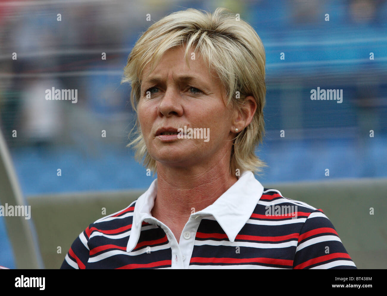 Germany head coach Silvia Neid on the bench prior to a Beijing Olympic Games women's soccer tournament match against Nigeria. Stock Photo