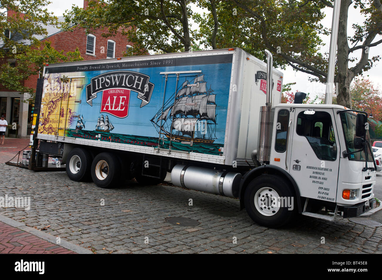 Ipswich Ale beer delivery truck parked on cobblestone street, Salem, Massachusetts, United