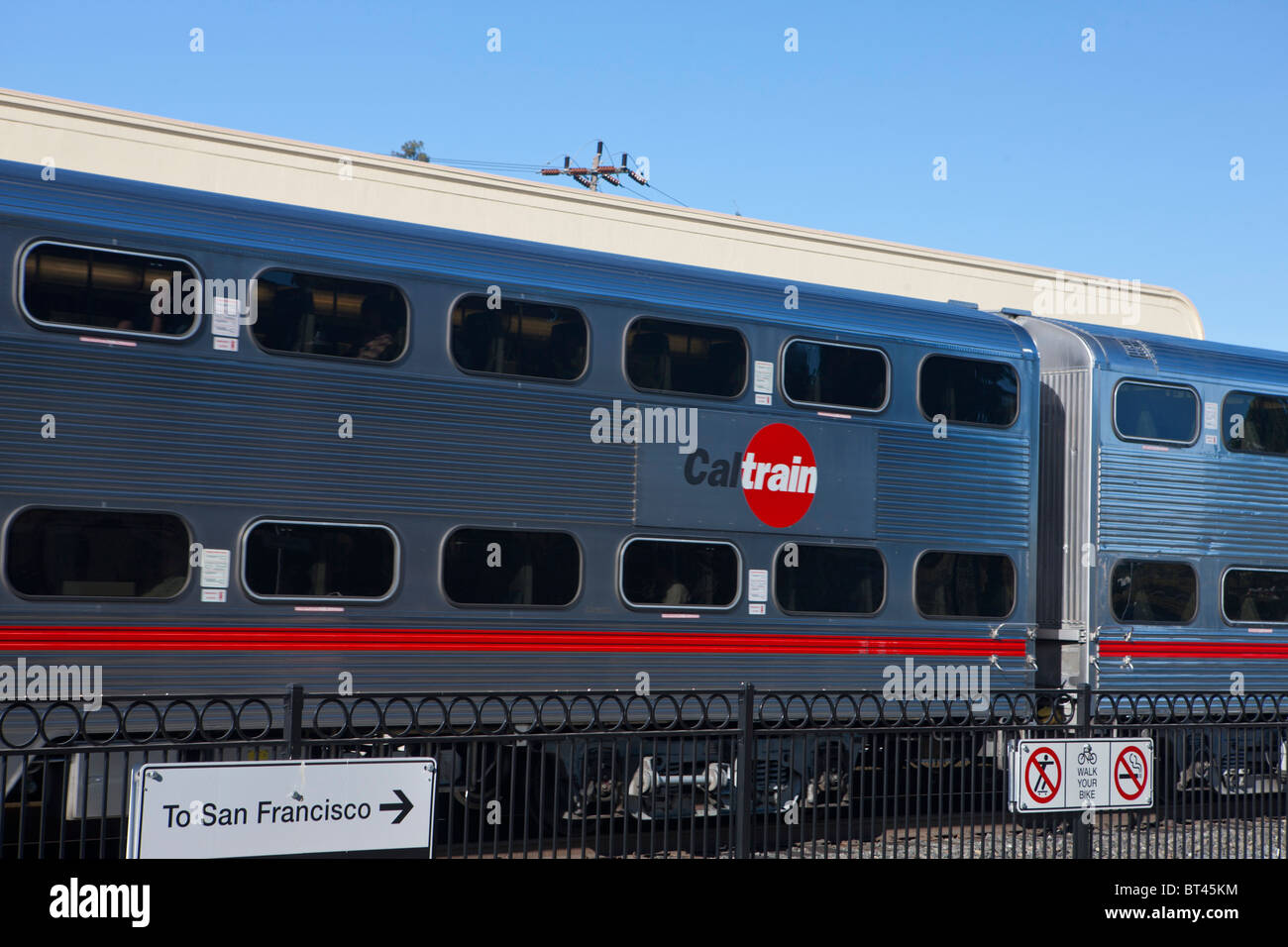 Caltrain double decker passenger rail car, Palo Alto CalTrain Station, Palo Alto, California, United States of America Stock Photo