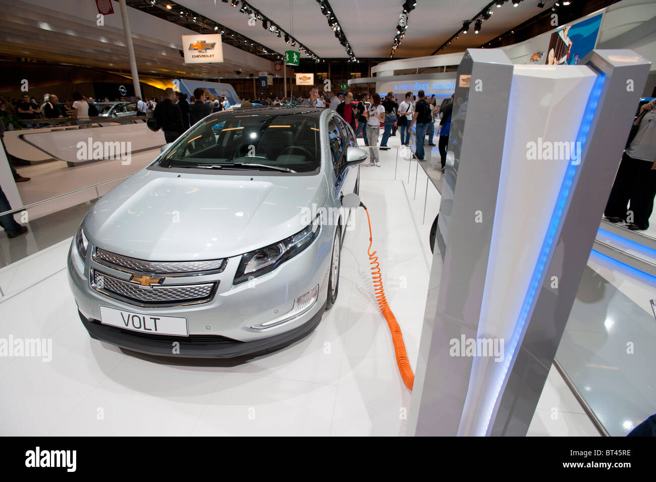Chevrolet Volt electric car being recharged at Paris Motor Show 2010 Stock Photo