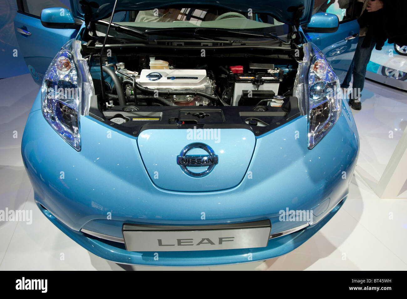 Electric motor detail of Nissan Leaf electric car at Paris Motor Show 2010 Stock Photo