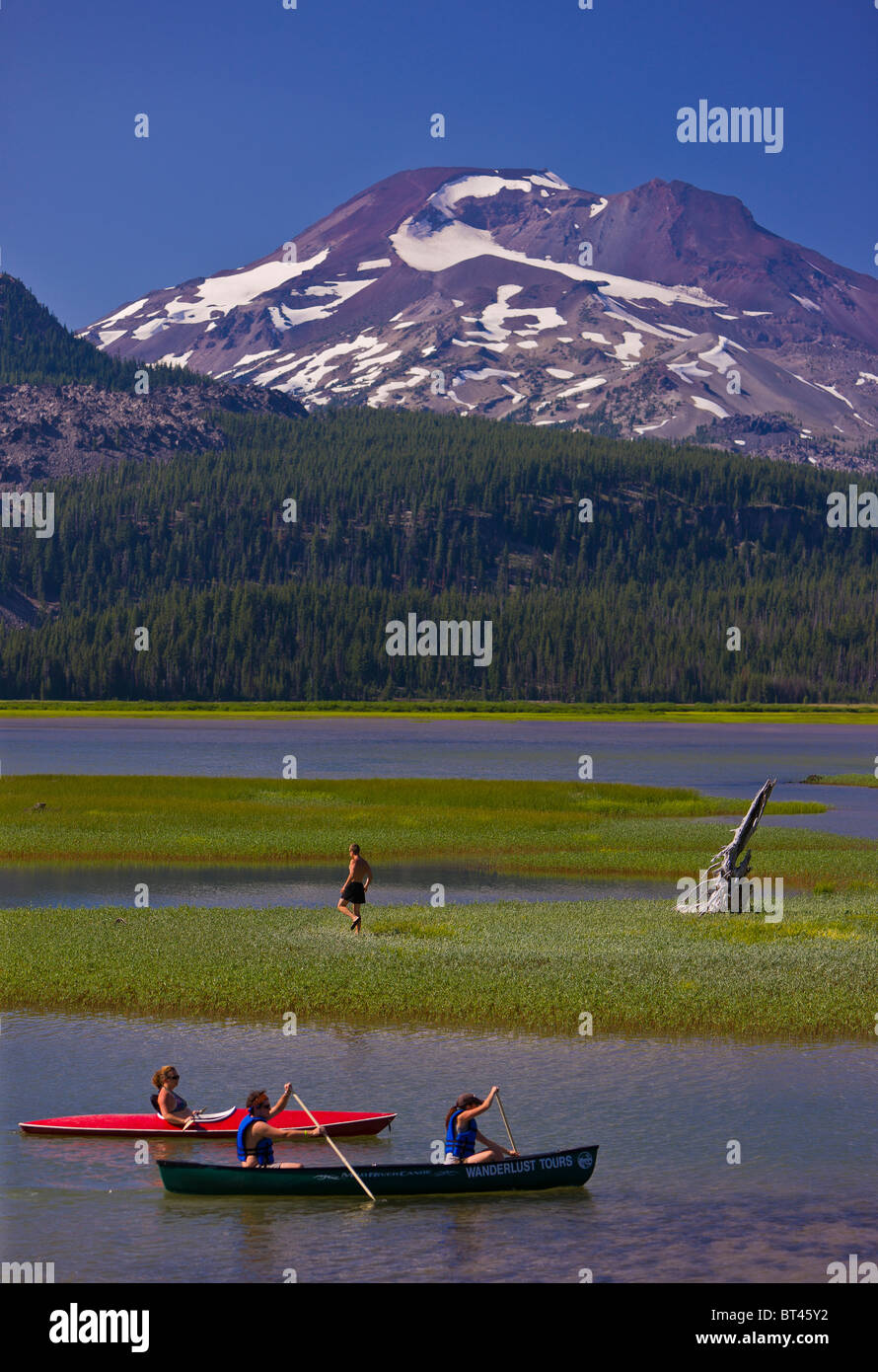 SPARKS LAKE, OREGON, USA -  Canoe and kayak on lake, South Sister, a volcano in the Cascades mountains of Central Oregon. Stock Photo