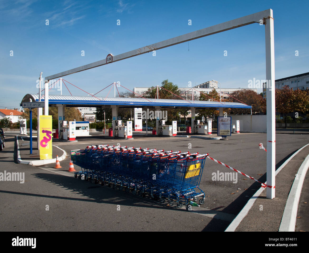A petrol station at a Carrefour shopping center lies empty in Nantes